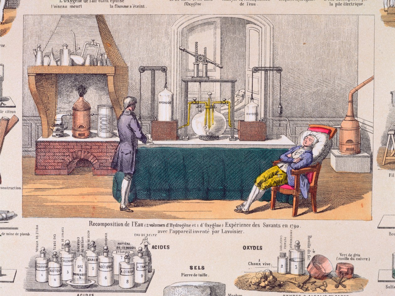 Recompositie van water uit waterstof en zuurstof: Antoine Laurent de Lavoisier (1743-94) experimenteert met de ademhaling van een rustende man, illustratie uit een educatieve plaat, ca. 1860 door French School
