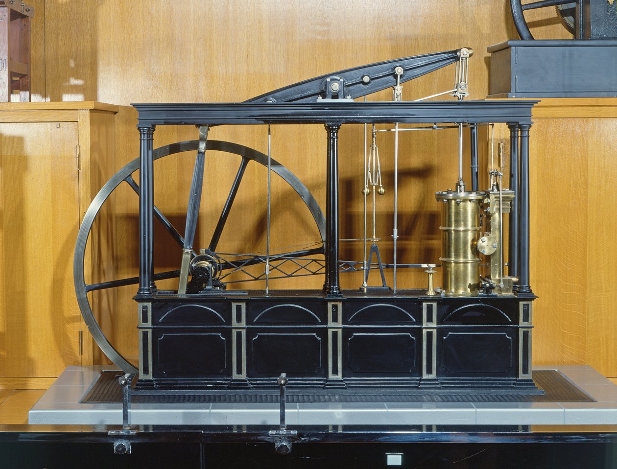Reconstructie van de stoommachine ontworpen door James Watt door French School