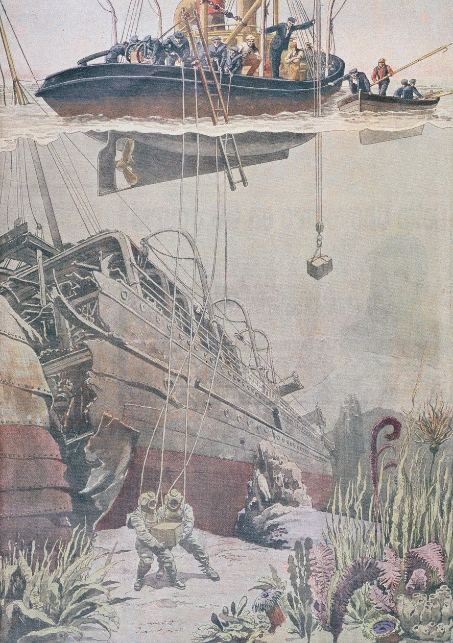 Berging van schatten uit het wrak van de Oceana, illustratie uit Le Petit Journal, 1912 door French School