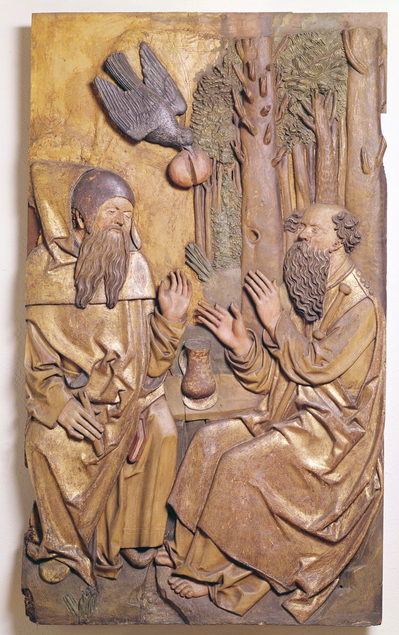 Reliëf met St. Antonius die St. Paulus bezoekt in de woestijn, uit de kapel van het oude ziekenhuis in Colmar door French School