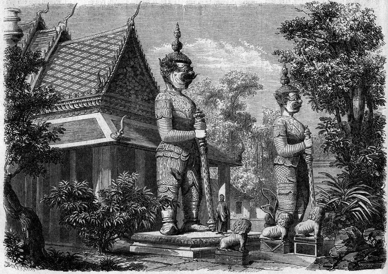 Religieuze architectuur: buitenaanzicht van een pagode in Bangkok (Siam) in 1861. Gravure in 