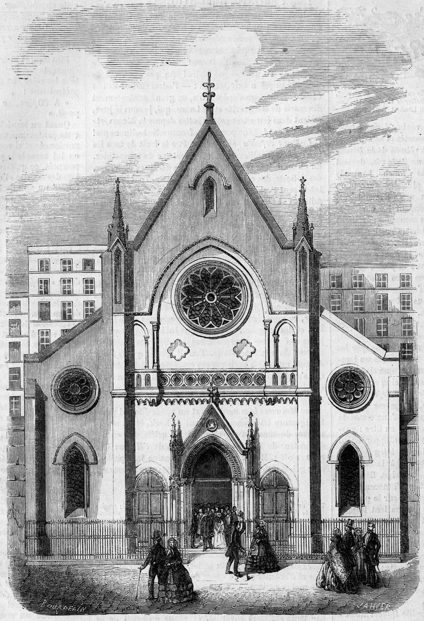 Religieuze architectuur: zicht op de gevel van de Tempel voor Amerikanen die in Parijs wonen, rue de Berry, in 1857. Gebouw gebouwd door architect Mr. Salmon. Gravure in 