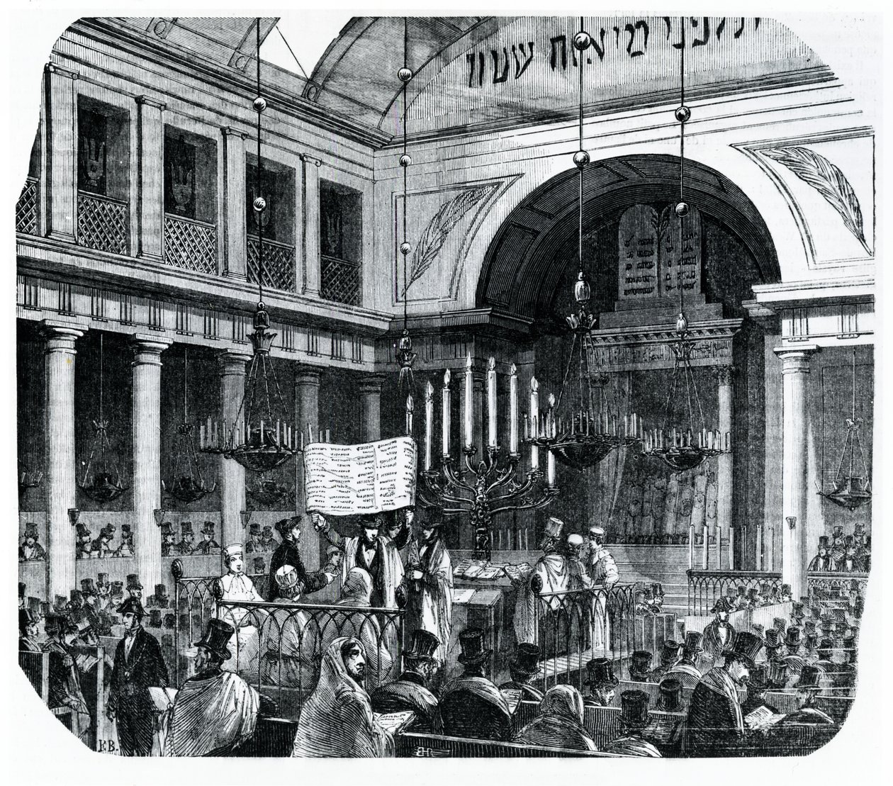 Religieuze ceremonie in de oude Parijse Synagoge voor Rosh Hashana, illustratie uit Le Tableau de Paris door Edmond Texier, gepubliceerd in Parijs, 1852 door French School