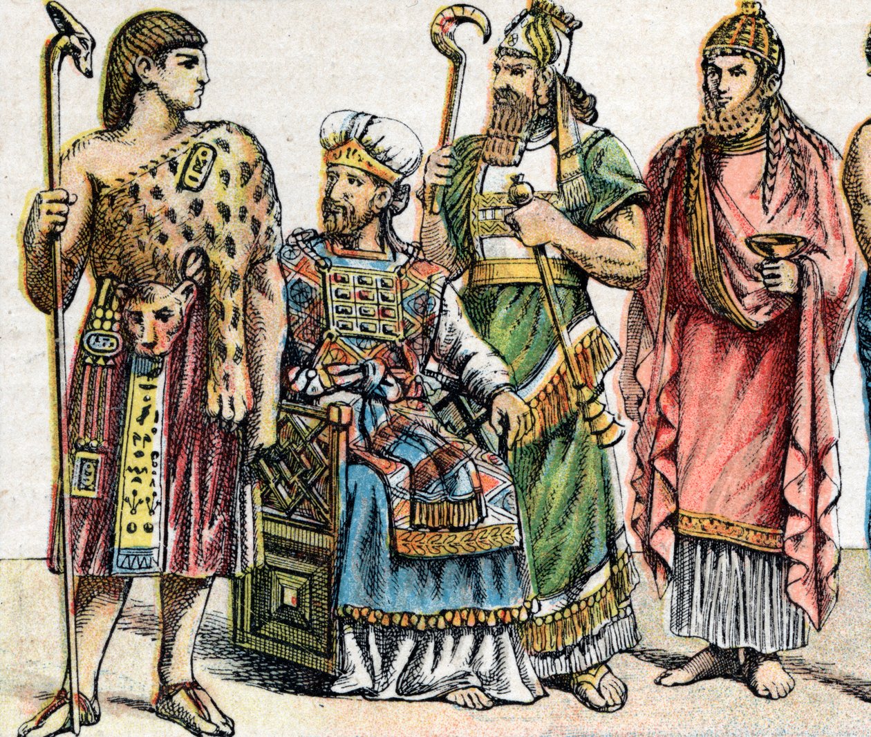 Religieuze kostuums in de oudheid: portret van een Egyptische hogepriester, een Hebreeuwse hogepriester, een Assyrische koning in officiant kleding en een Fenicische priester door French School