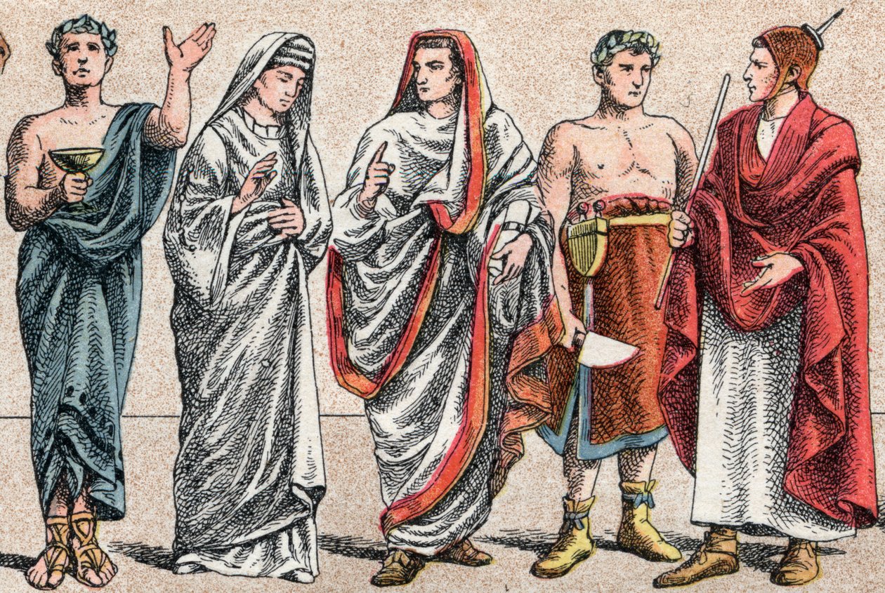 Religieuze kostuums in de oudheid: portret van een Griekse priester, minister van offerande, een vestalin, priesteres van het oude Rome en een Grote Pontifex in het oude Rome, een popa en een flamino (flamen) Romeinse priester gewijd aan de aanbidding van door French School
