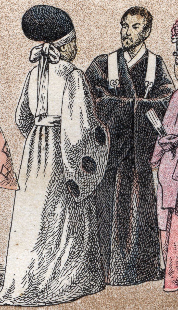 Religieuze kostuums in Azië: twee shinto-priesters uit Japan - Gravure door French School