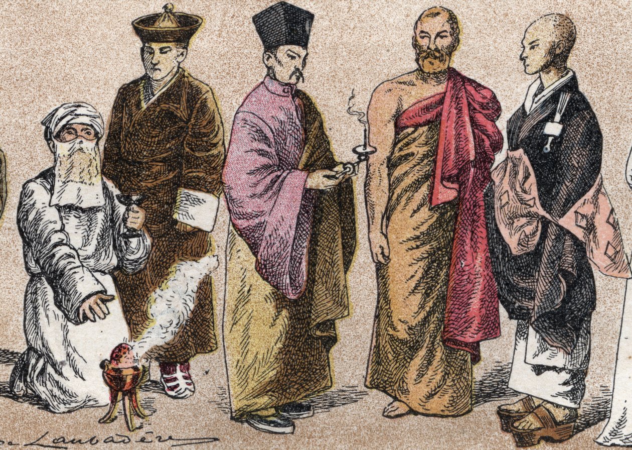 Religieuze kostuums van Azië: portret van een Parsi priester, Lama, Chinese boeddhistische priester, Ceylon bonze en Japanse boeddhistische priester - Gravure door French School