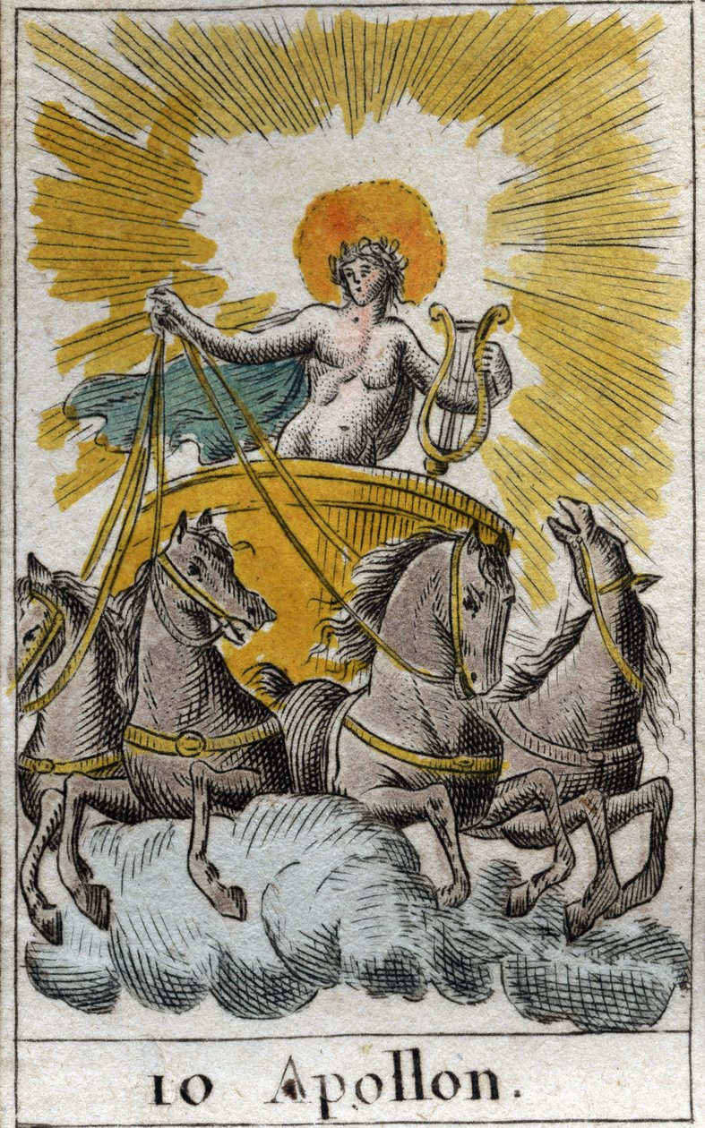 Voorstelling van Apollo, god van zang, muziek en poëzie, op zijn wagen. Uit 