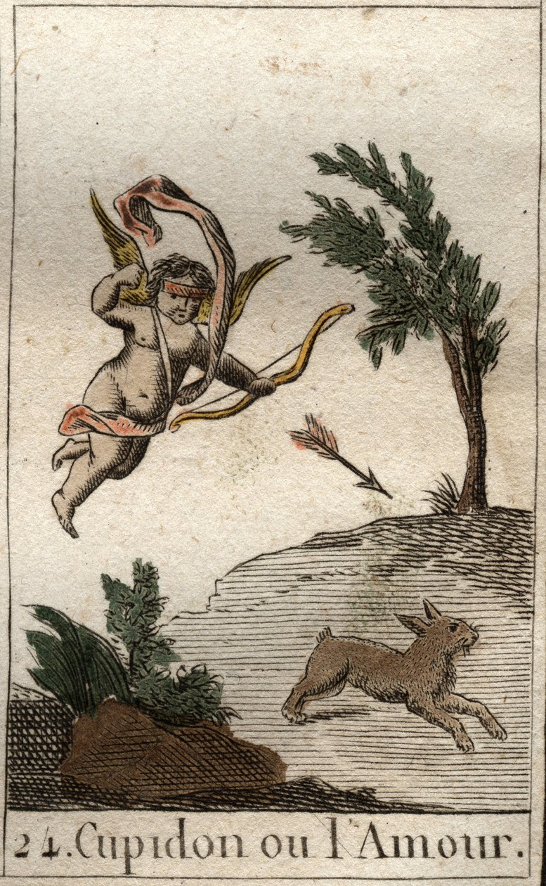 Voorstelling van Cupido, of Amor, dienaar van Venus, als een geblinddoekt kind, die een pijl trekt. Uit 