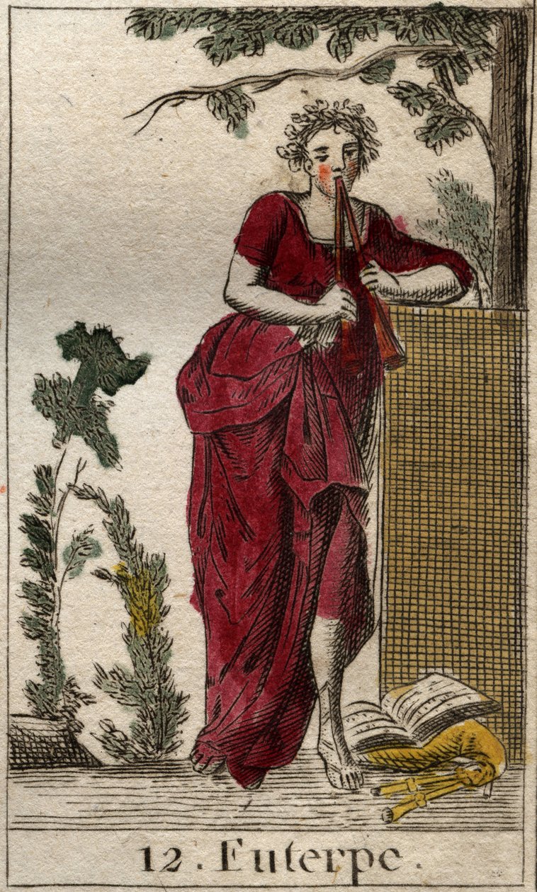 Afbeelding van Euterpe, muze van de muziek, omringd door muziekboeken en spelend op een dubbele fluit (aulos). Uit 