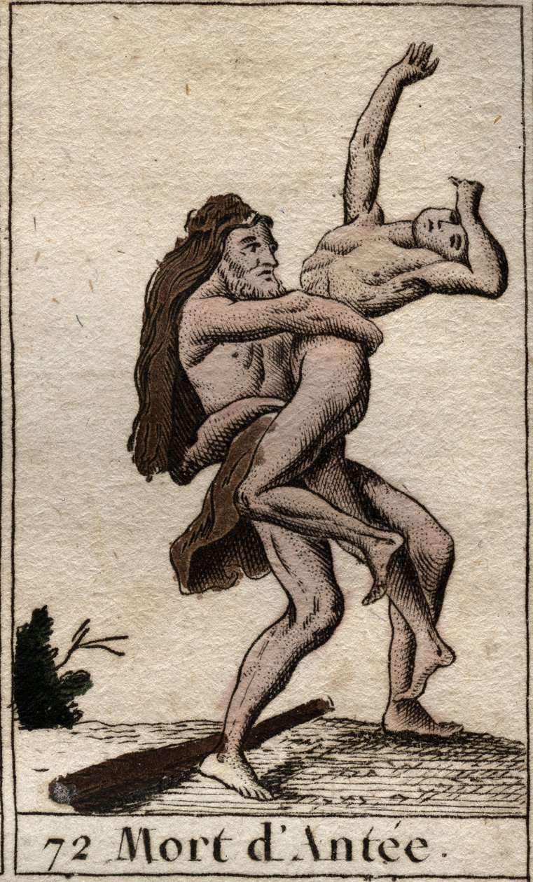 Voorstelling van Hercules die Ante, koning van Libië, verslaat (Heracles (Hercules) doodt Antaeus met een berenknuffel). Uit 