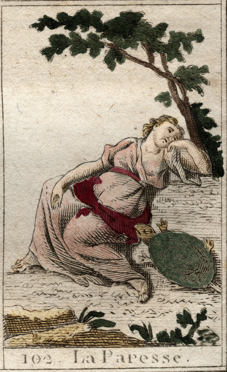 Voorstelling van Luiheid, dochter van de Nacht en Slaap, als een jonge man met een schildpad. Uit 