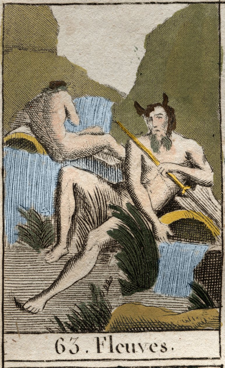 Voorstelling van rivieren, oude mannen met natte baard en haar, zittend bij een omgevallen urn. Uit 