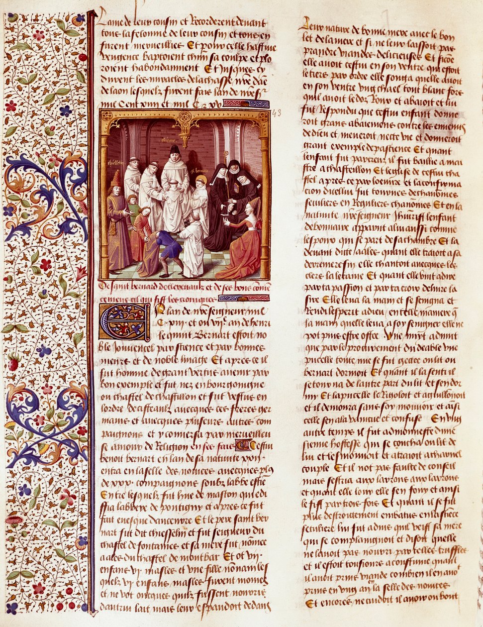 Voorstelling van Sint Bernardus van Clairvaux (San Bernardo di Chiaravalle) (1090-1153) als kind. Hij staat in het midden van de afbeelding, een aureool boven zijn hoofd. Miniatuur in 