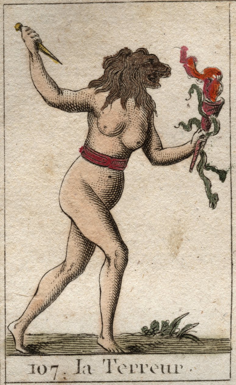 Voorstelling van Angst, als een vrouw met een leeuwenkop, die een mes en slangen vasthoudt. Uit 