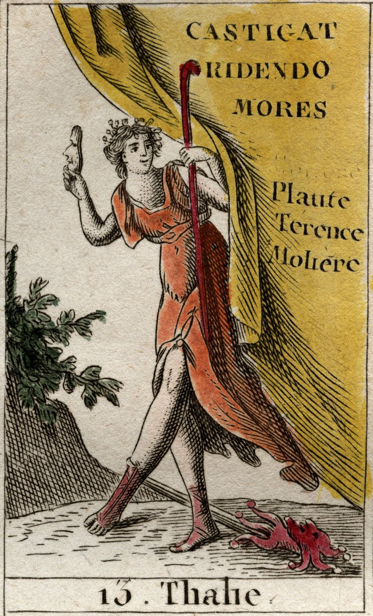Voorstelling van Thalie, muze van komedie en idyllische poëzie, afgebeeld met een klimopkroon, laarzen, een komisch masker in haar hand en een herdersstaf. Uit 