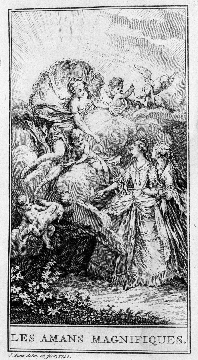 Weergave van een scène uit het stuk "Les amants magnifiques" (1670) door Jean Baptiste Poquelin, bekend als Molière (1622-1673). Gravure uit 1740. door French School
