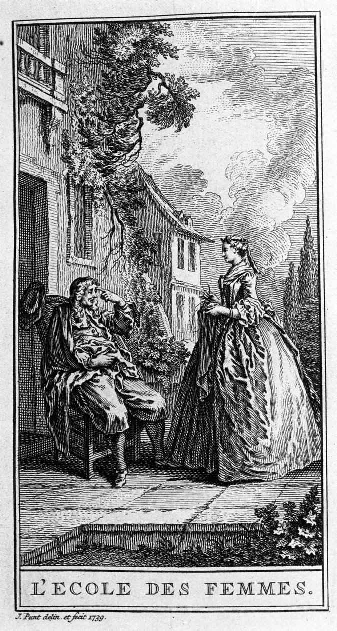 Weergave van een scène uit het stuk "De school van vrouwen" (1662) door Jean Baptiste Poquelin, bekend als Molière (1622-1673). Gravure uit 1739. door French School