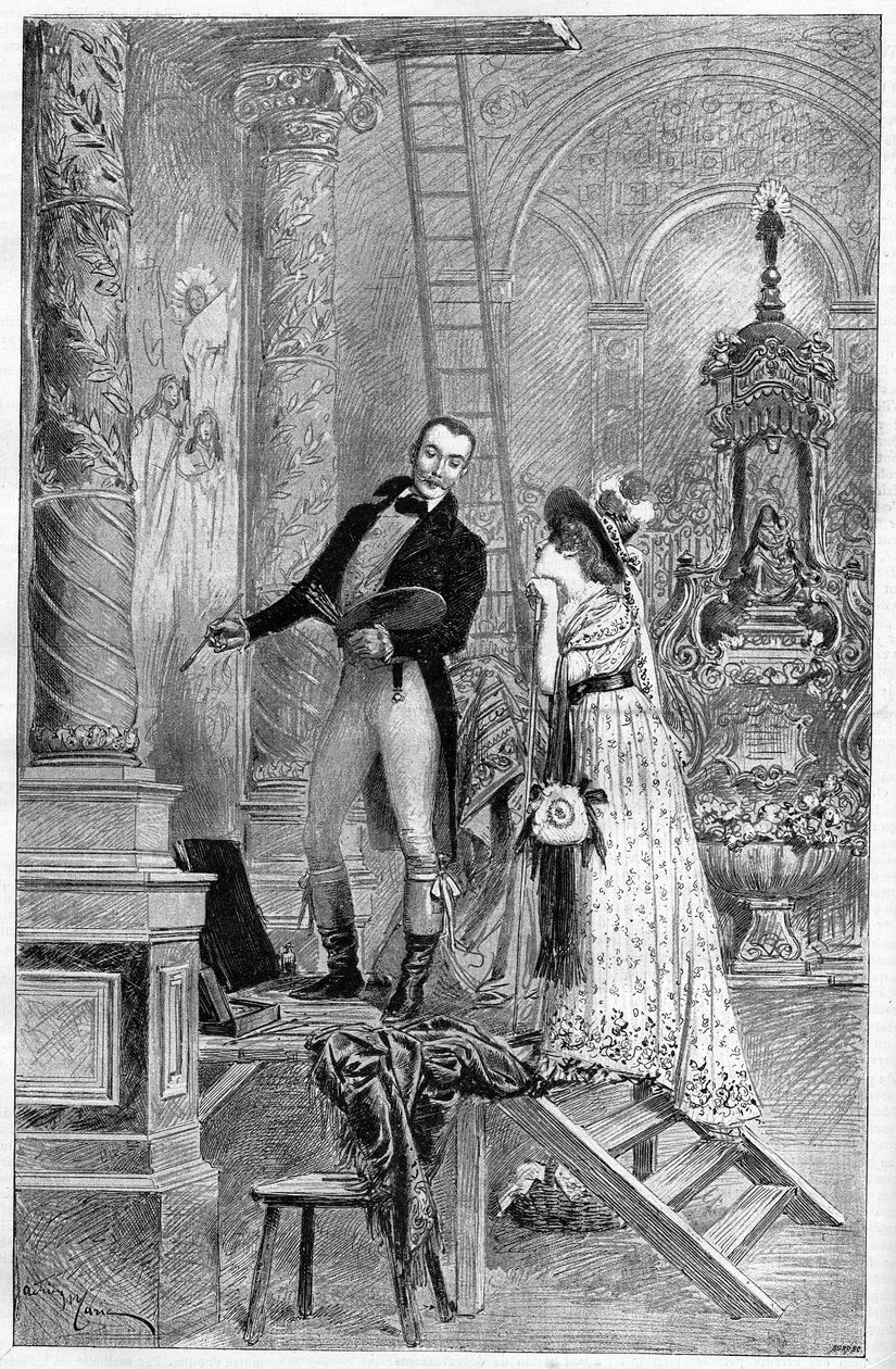 Voorstelling van de Tosca, drama door Victorian Sardou in het Théâtre de la Porte Saint Martin in 1887. Hier Act 1, de kerk van St. Andrea met Dumeny en Henriette Rosine Bernard genaamd Sarah Bernhardt (1844-1923) door French School