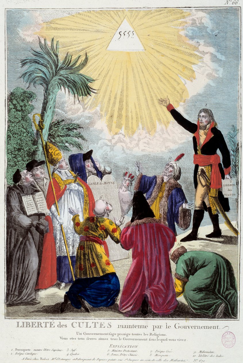 Weergave van de vrijheid van godsdienst van alle religies gehandhaafd door Napoleon Bonaparte door French School