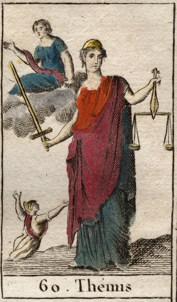 Afbeelding van de godin van gerechtigheid en de wet, Themis, ze houdt een weegschaal en een zwaard vast. Uit “Mythologie de la jeunesse” door Pierre Blanchard 1803. door French School
