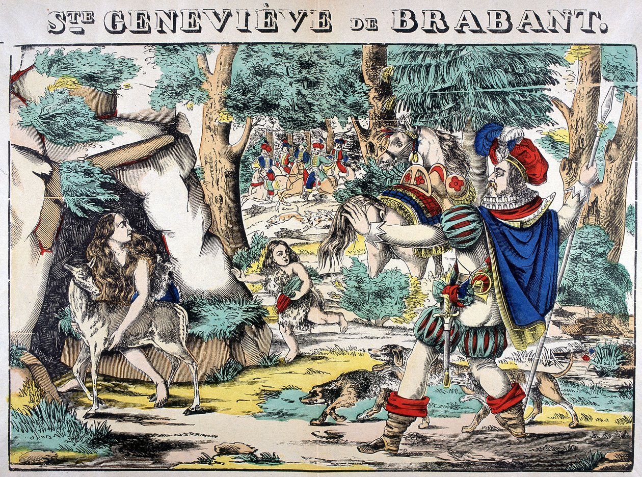 Weergave van de legende van Sint Genoveva van Brabant. Scène van de ontmoeting tussen Genoveva, verlaten in het bos, en haar echtgenoot. Afbeelding van Epinal door French School