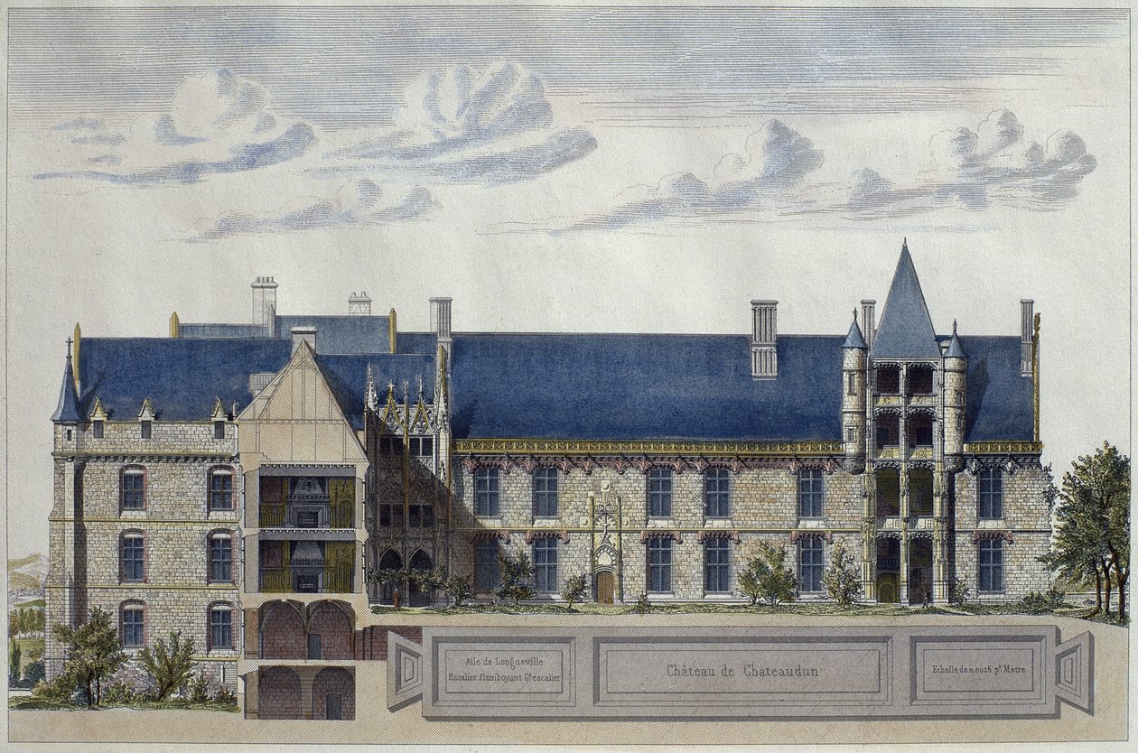 Restauratie van Chateau de Chateaudun, illustratie uit Le Moniteur des architectes, gegraveerd door H. Penel door French School