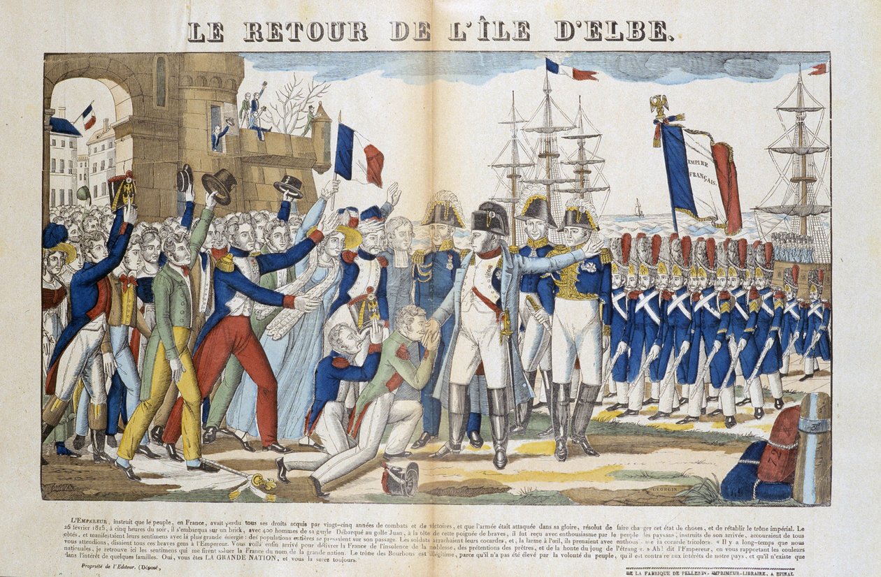 Terugkeer van Napoleon Bonaparte (1769-1821) van zijn ballingschap naar Elba in 1815. Afbeelding van Epinal door French School