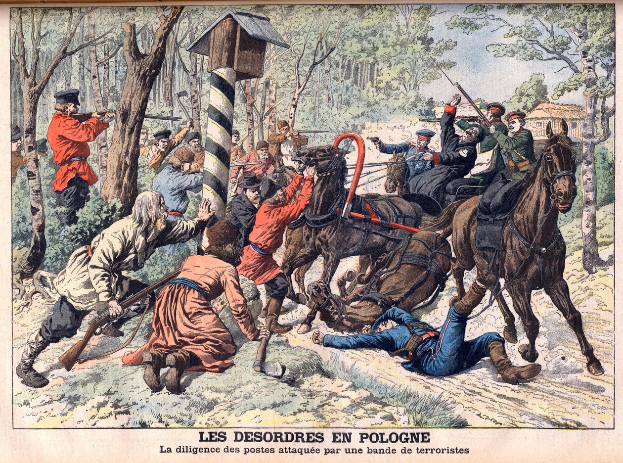 Revolutionair in Polen - Terroristen die een postkoets aanvallen in Polen. De wanorde in Polen. Postkoets aangevallen door een bende terroristen. Illustratie voor Le Petit Journal door French School