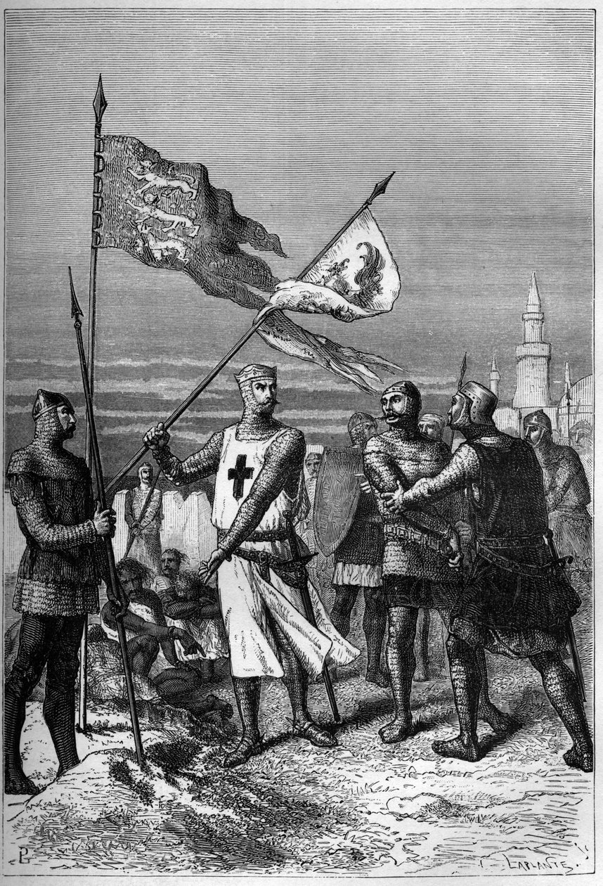 Richard Leeuwenhart of Richard I de Leeuwenhart, koning van Engeland, toont het verwijderen van de banier van de aartshertog Leopold V, hertog van Oostenrijk - gravure in L