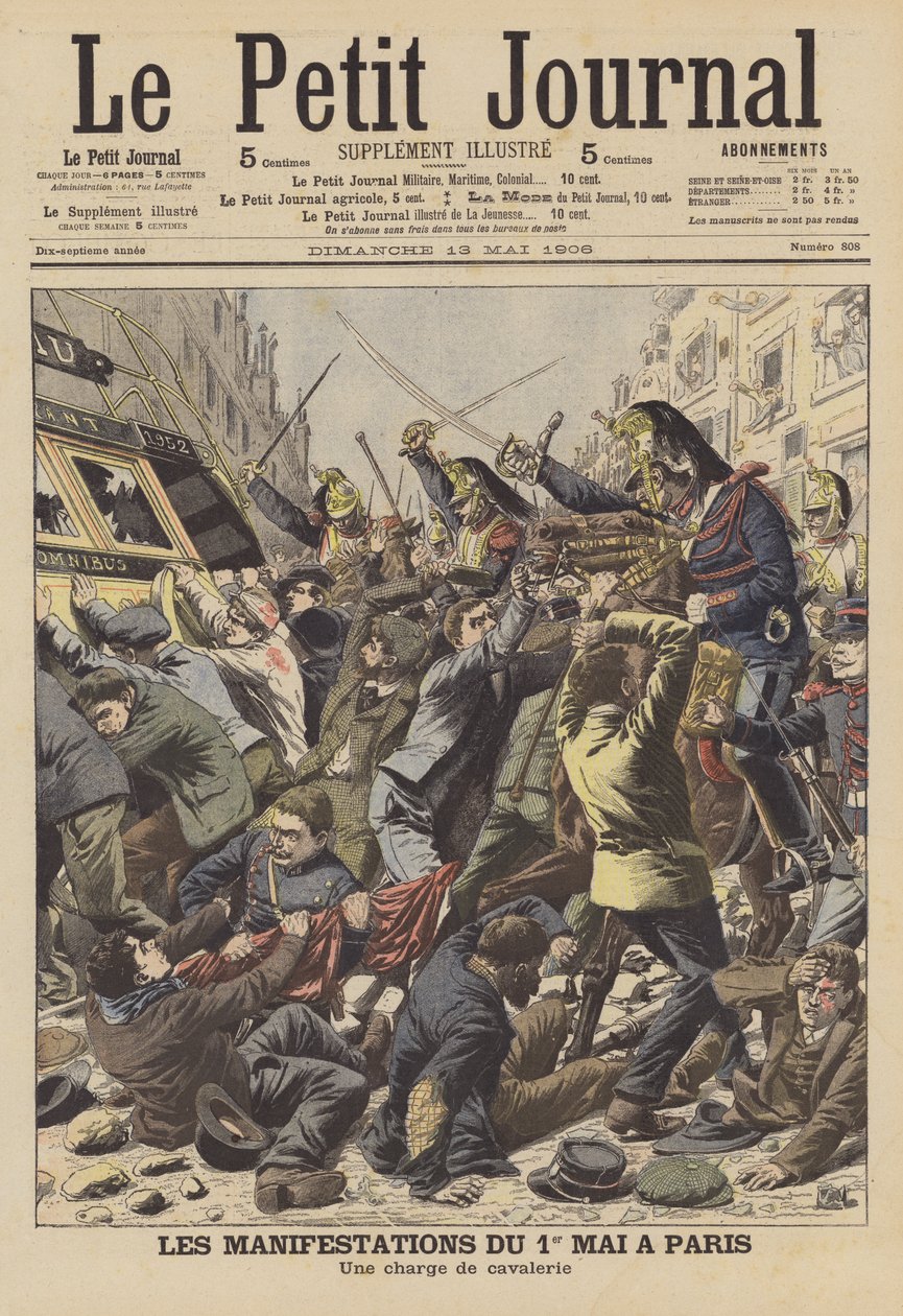 Rellen in Parijs op 1 mei (kleurenlitho) door French School