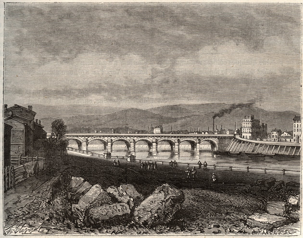 Roanne - Loire, in de regio Rhone-Alpes - gravure in 