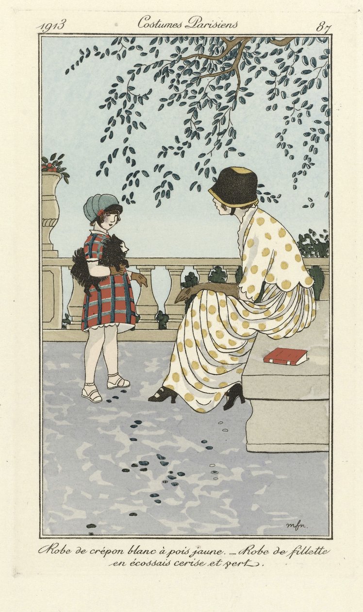 Witte Crépon jurk met gele stippen - Meisjesjurk in kersen en groene ruit, uit Costumes Parisien, pub.1913 (sjabloondruk) door French School