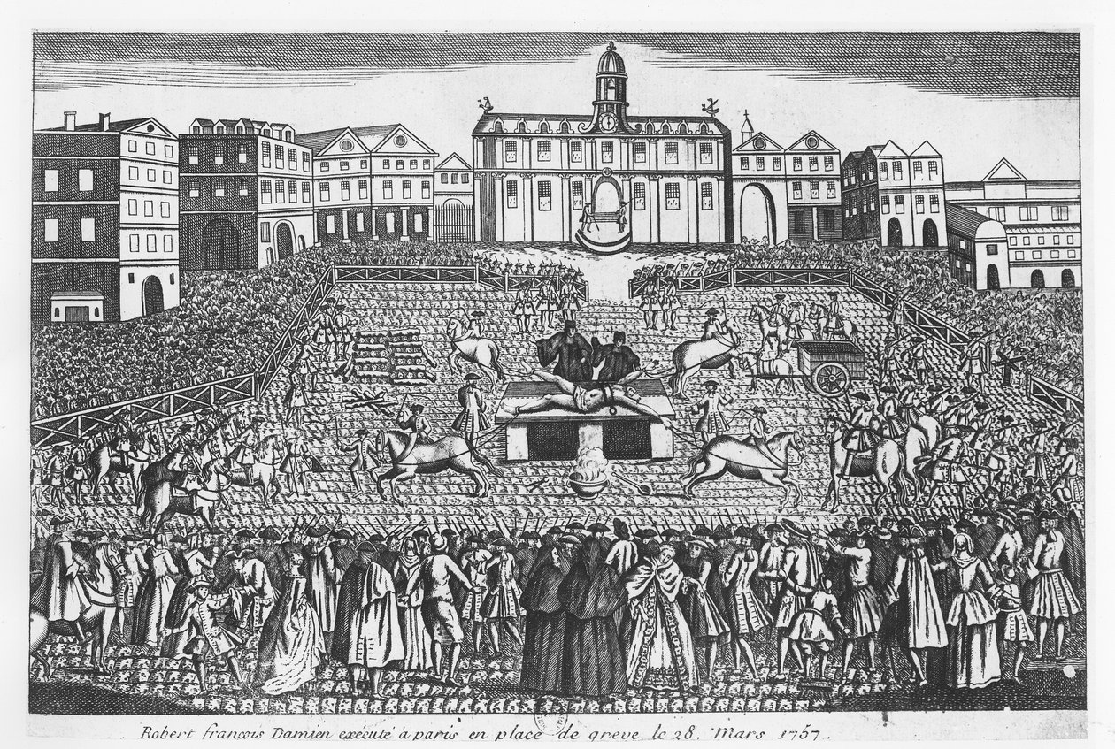 Robert-Francois Damiens geëxecuteerd op de Place de Grève, Parijs, 28 maart 1757 door French School