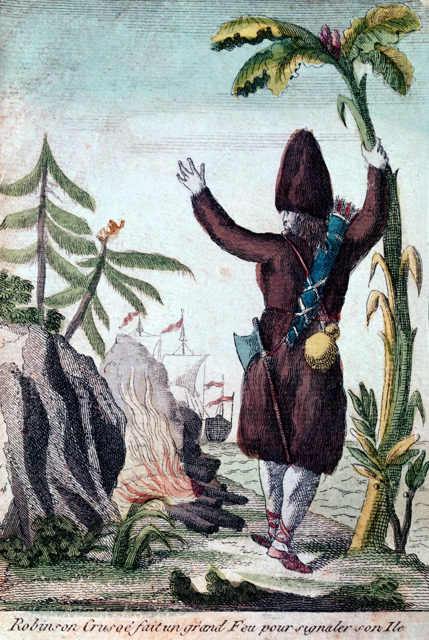 Robinson Crusoe maakt een vuur om aandacht te trekken naar zijn eiland, Imagerie Basset (kleurgravure) door French School