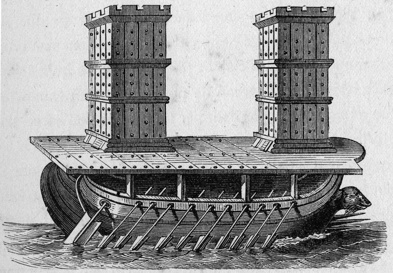 Romeins schip met torens. Gravure in 