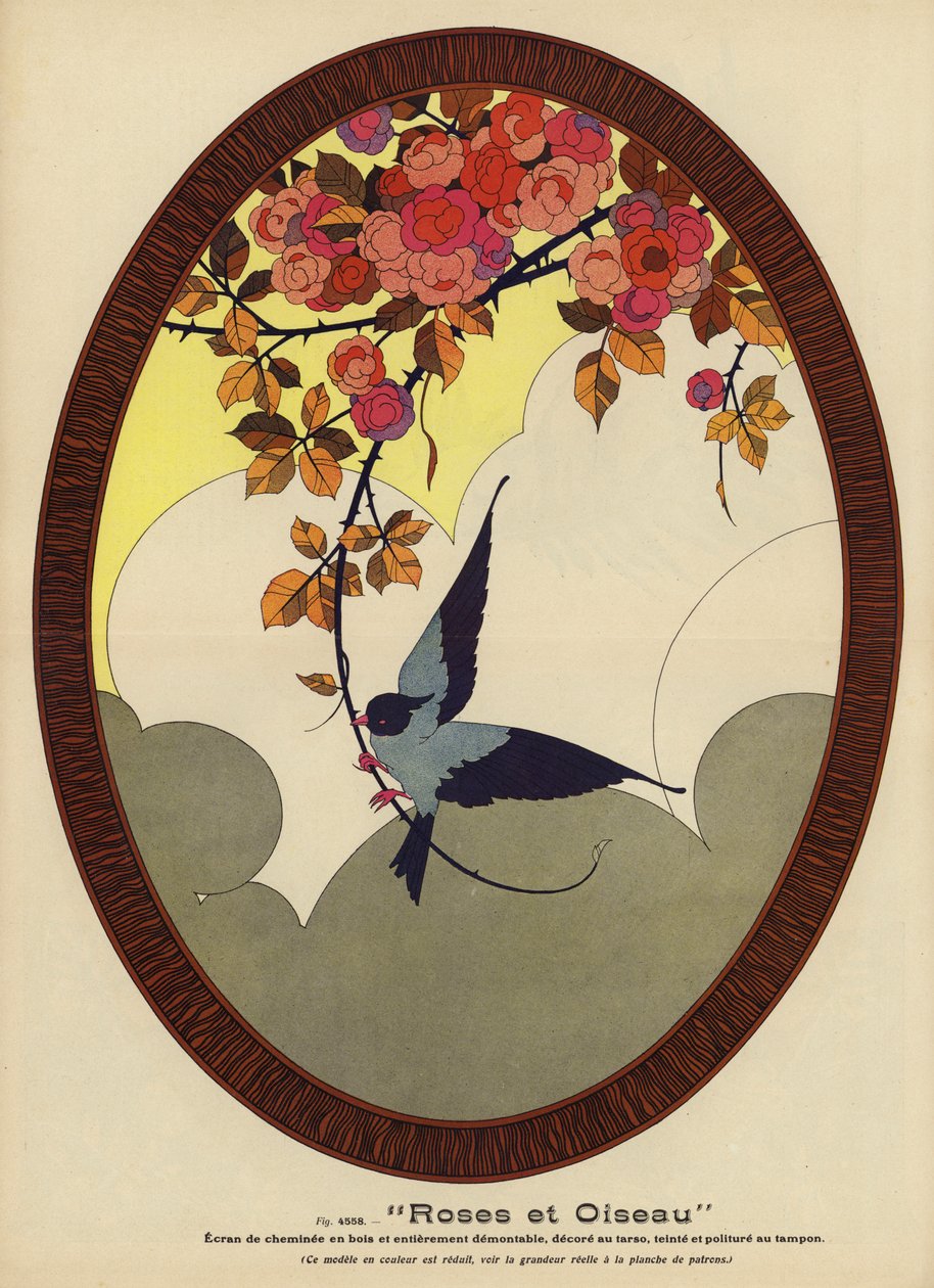 Rozen en vogels (kleurenlitho) door French School