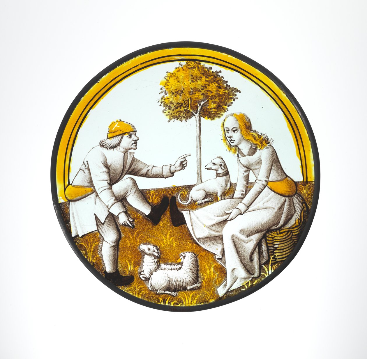 Rondel met koppel dat Quintain speelt, c.1500 (glas, glazuurverf en zilvervlek) door French School