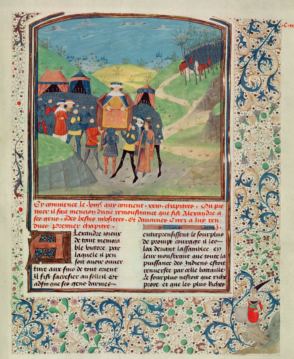 Alexander de Grote spreekt zijn mannen toe in de hoop hen te overtuigen om door te gaan naar India, uit Quinte Curse Ruffe des Fais du Grant Alexandre, c.1468 door French School