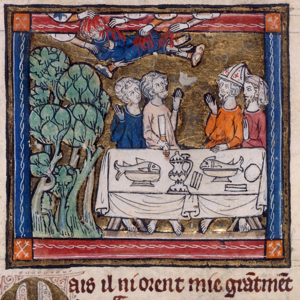 Royal 14 E. III, f.76v Zeven handen werpen vuur op Moys, illustratie uit 