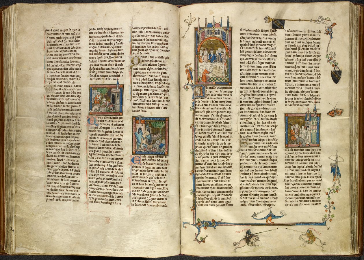Lancelot verwijdert het hoofd van zijn onthoofde grootvader, de koning, uit een kokende put; een gebouw stort in op twee ridders. Rechts, miniatuur van Arthur en Guinevere zittend aan een banket, uit 