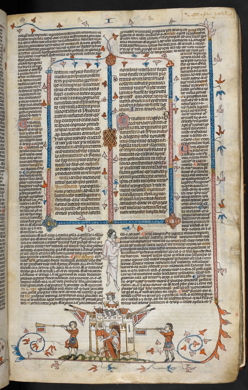 Bas-de-page scène van een ridder die uit een kasteel komt, c.1300-40 door French School