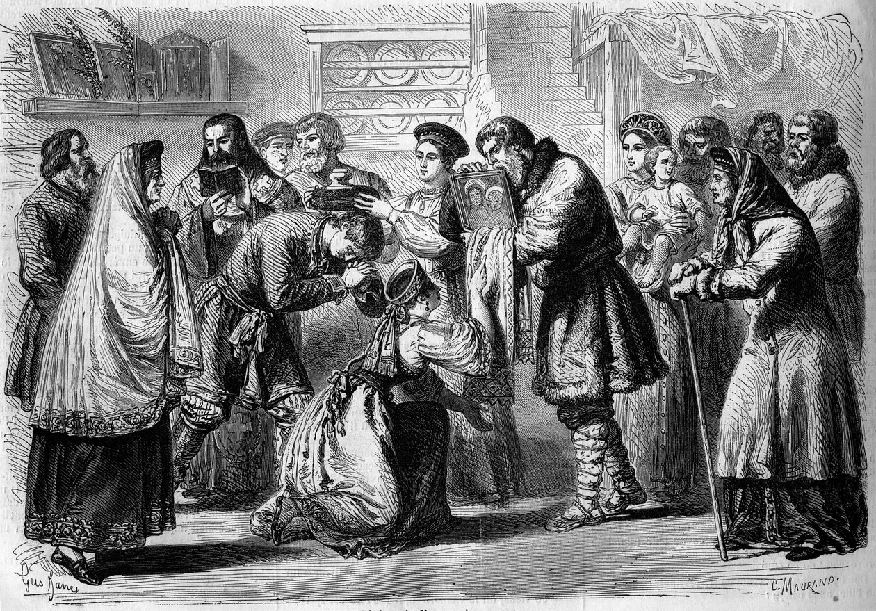 Russisch gebruik - Huwelijk - 1860: pre-huwelijksceremonie. Peetvader en peetmoeder zegenen toekomstige huwelijken. De peetvader presenteert hen het beeld van Christus of de Maagd, symbool van religieuze wijding. De peetmoeder houdt brood en zout boven het door French School