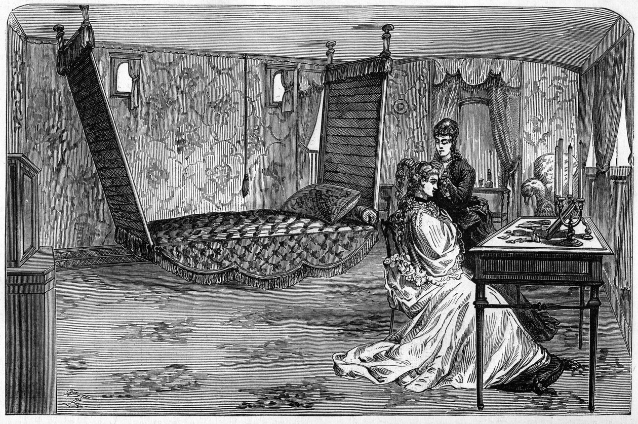 Russische keizerlijke trein gebruikt door de Hertog en Hertogin van Edinburgh in 1874: de slaapwagon. Gravure in 