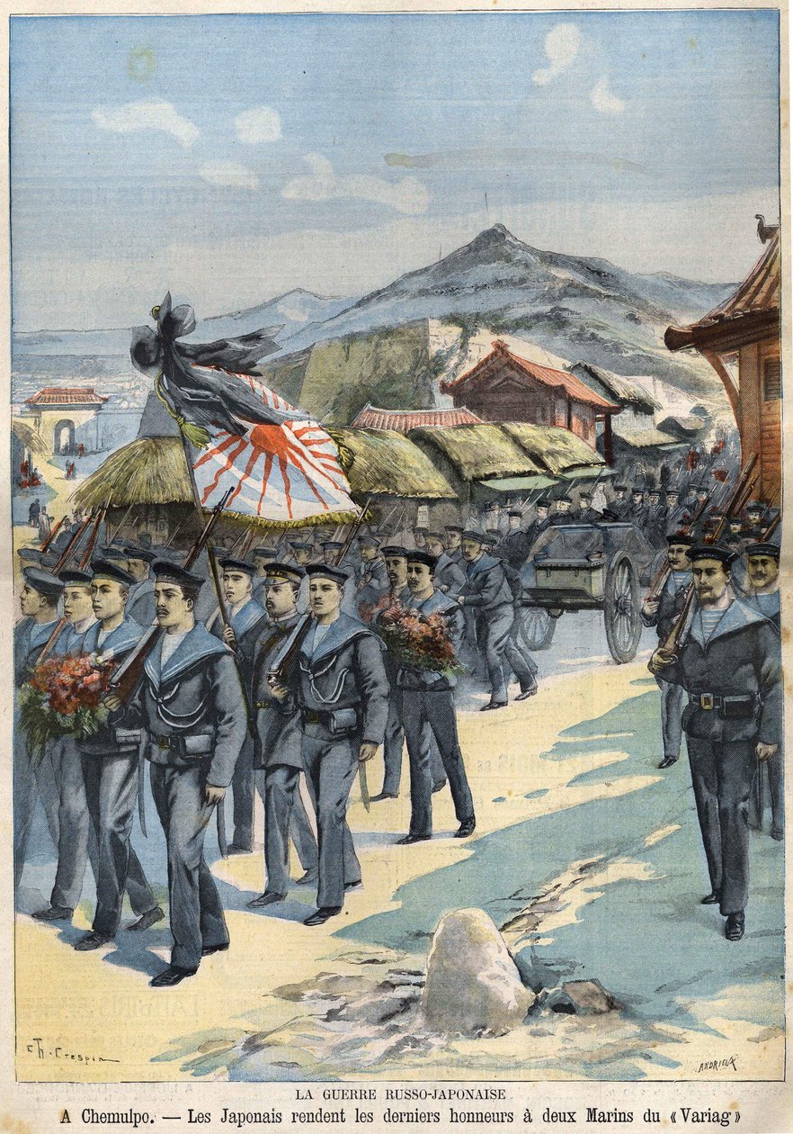 Russisch-Japanse Oorlog in Chemulpo, de Japanners brengen de laatste eer aan twee matrozen van de Virag. Le Petit Parisien van 3 april door French School