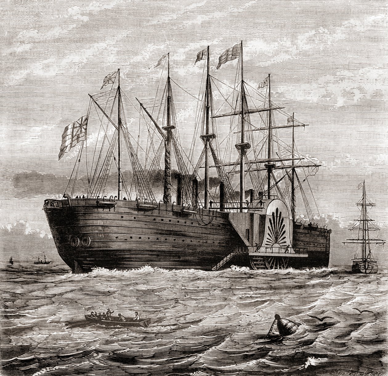 SS Great Eastern, ijzeren zeil-stoomschip ontworpen door Isambard Kingdom Brunel, uit Les Merveilles de la Science, gepubliceerd ca. 1870 door French School