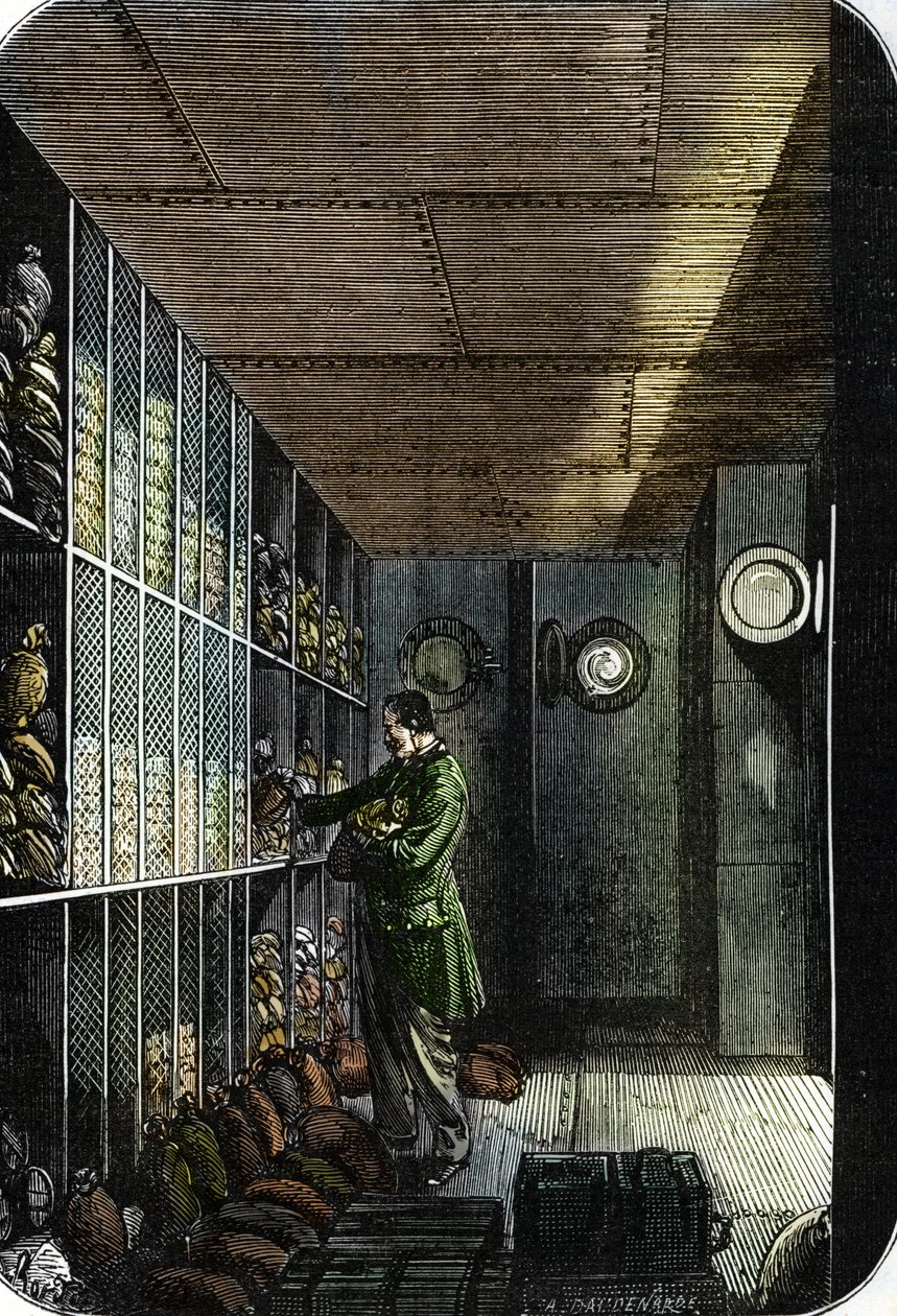 Kluis van de Banque de France in Parijs (gekleurde gravure) door French School