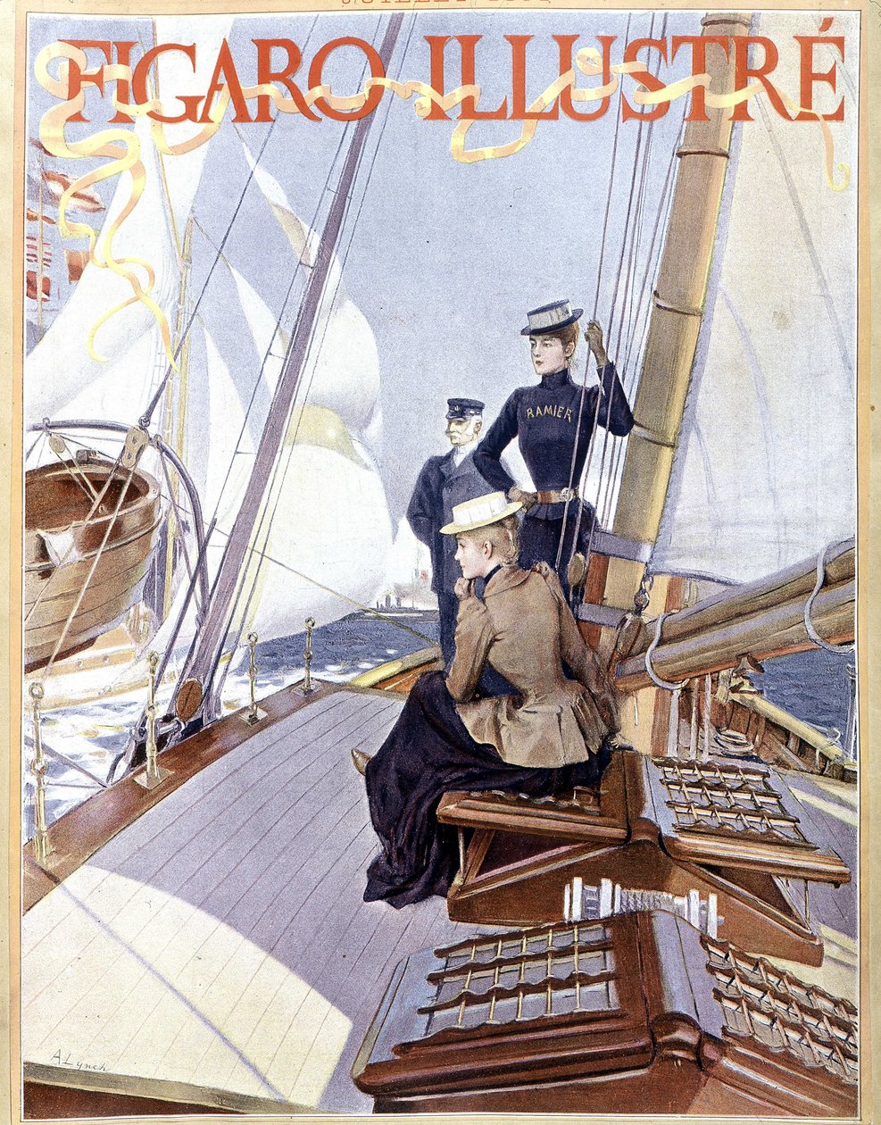 Zeilen: vrouwen op het dek van een boot - tekening in 