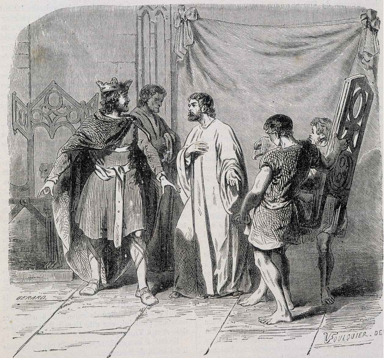 Sint Eloi en Dagobert: Dagobert was verbaasd toen Eloi hem de tweede stoel introduceerde - gravure 19e eeuw door French School