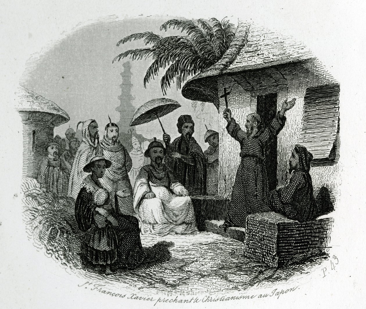 Sint Francois Xavier predikt het christendom in Japan. Gravure ter illustratie van Geschiedenis en Beschrijving van Japan door Pere de Charlevoix, A.Mame et Compagnie uitgevers, Tours. door French School
